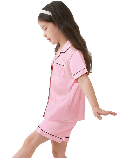 SWOMOG Girls Silk Pyjamas Short Sleeve Sleepwear Two-piece Satin Button-Down PJ Sets Kids Nightwear Summer Pyjama Gifts Pink