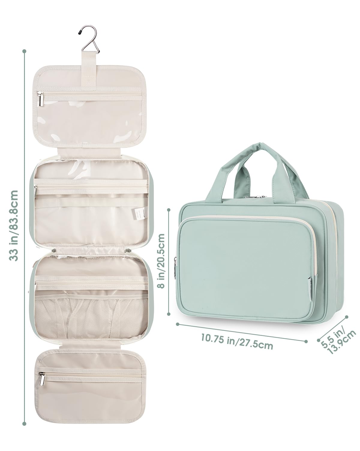 Narwey Hanging Travel Toiletry Bag for Women Wash Bag Cosmetics Makeup Bag Organizer for Travel Size Accessories (Mint Green (Medium))