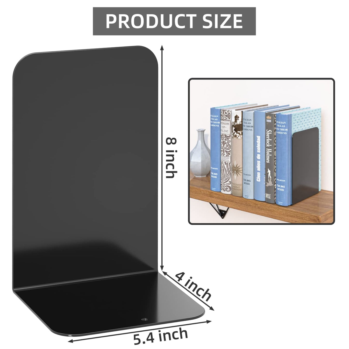 VFINE Metal Bookends 2 Pairs, Black Book Ends, Bookends for Shelves, Book Stopper for Heavy Books, Book Dividers for Home Office School Supplies