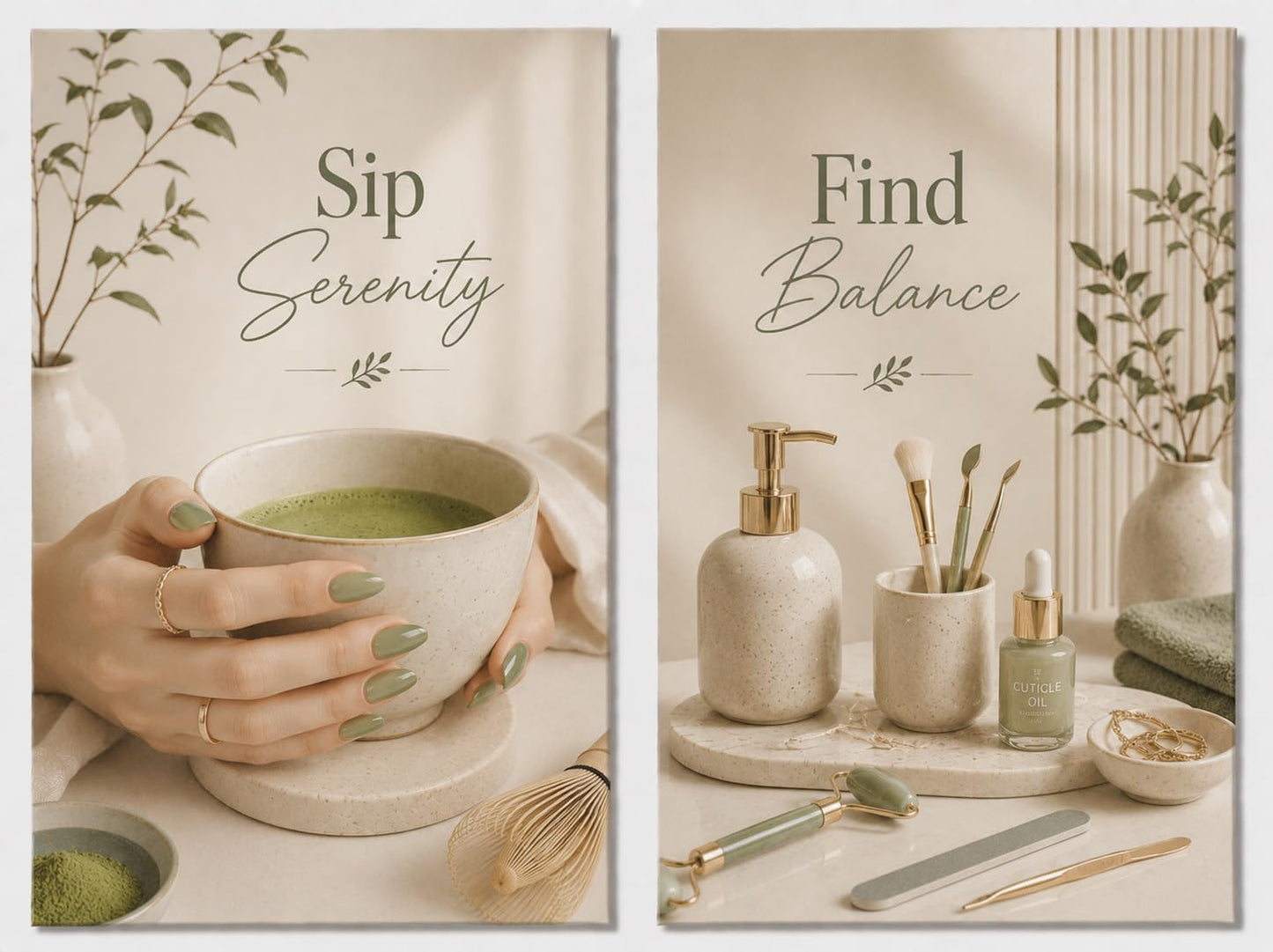 ICE ARMOR Extra-Large Set of 2 Sip Serenity Find Balance Canvas Wall Art Sage Green Wellness Spa Decor Nail Salon Reception Room Artwork 24x36 Inch Canvas Print - Ready to hang