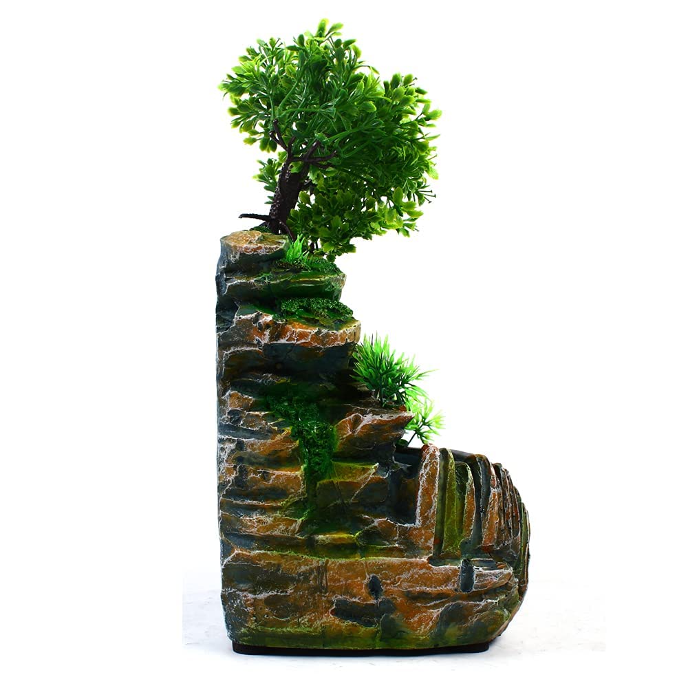 Desktop Fountain Waterfall with Light Rockery Fountain Zen Meditation Plants Stones LED Lamp Indoor Feature with Automatic Pump Relaxation Resin Planter for Office Decoration