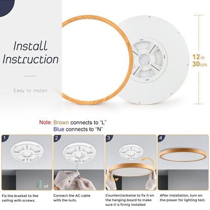 12in/30cm 24W LED Wood Grain Flush Mount Ceiling Light, 5000K Daylight White Bathroom Light, 3200LM, Round Ceiling Lighting, 240W Equivalent Ceiling Lamp for Closets, Kitchens, Hallway, Bedrooms, etc.