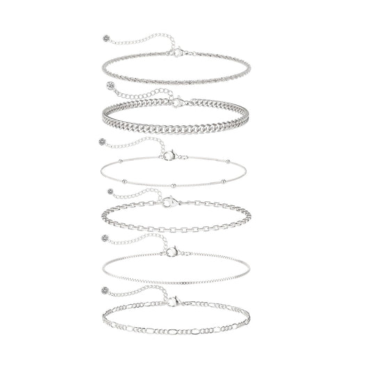 DEARMAY 925 Silver Plated Bracelets for Women Trendy Dainty Silver Plated Jewelry Sets Waterproof Fashion Stackable Box Beaded Figaro Rope Cuban Chain Bracelet Pack Stack Gifts for Womens