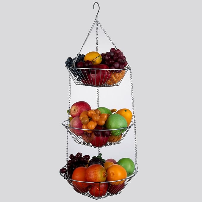 3-Tier Wire Fruit Hanging Basket 2 Packs, non-Punching Wall Hanging Storage