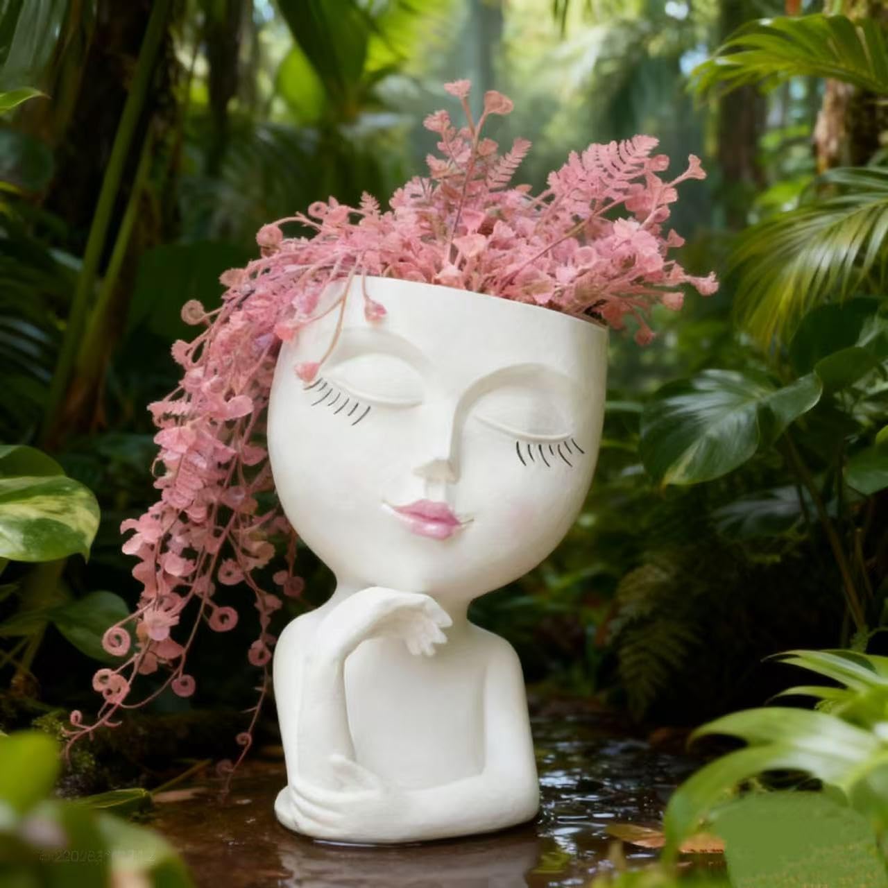 EMINGSKY Cute Lady Face Planter Pot - 1PC Sleeping Beauty Resin Succulent Pot with Drainage Holes, Indoor Outdoor Head Planter for Coffee Table/Garden Balcony Decor (White)