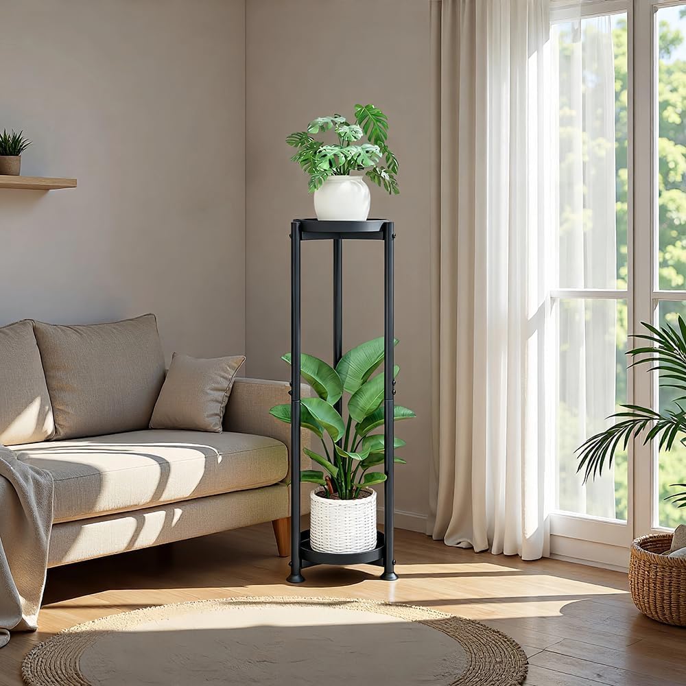 YIZAIJIA Plant Stand Indoor Outdoor Corner Tall 2 Tier Metal Tiered Single Small Plant Stands Sturdy Shelf for Living Room Balcony Garden,Black