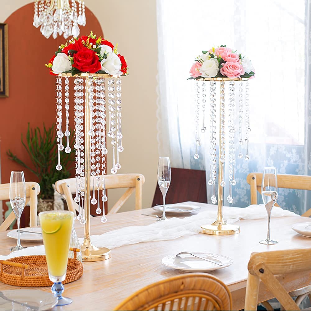 21.7in Tall Gold Vases for Table Centerpieces - 2pcs of Metal Flower Stands with Sparkling Crystal Beads, Elegant Flower Vases for Anniversary Birthday Party Christmas Event Wedding Home Decor