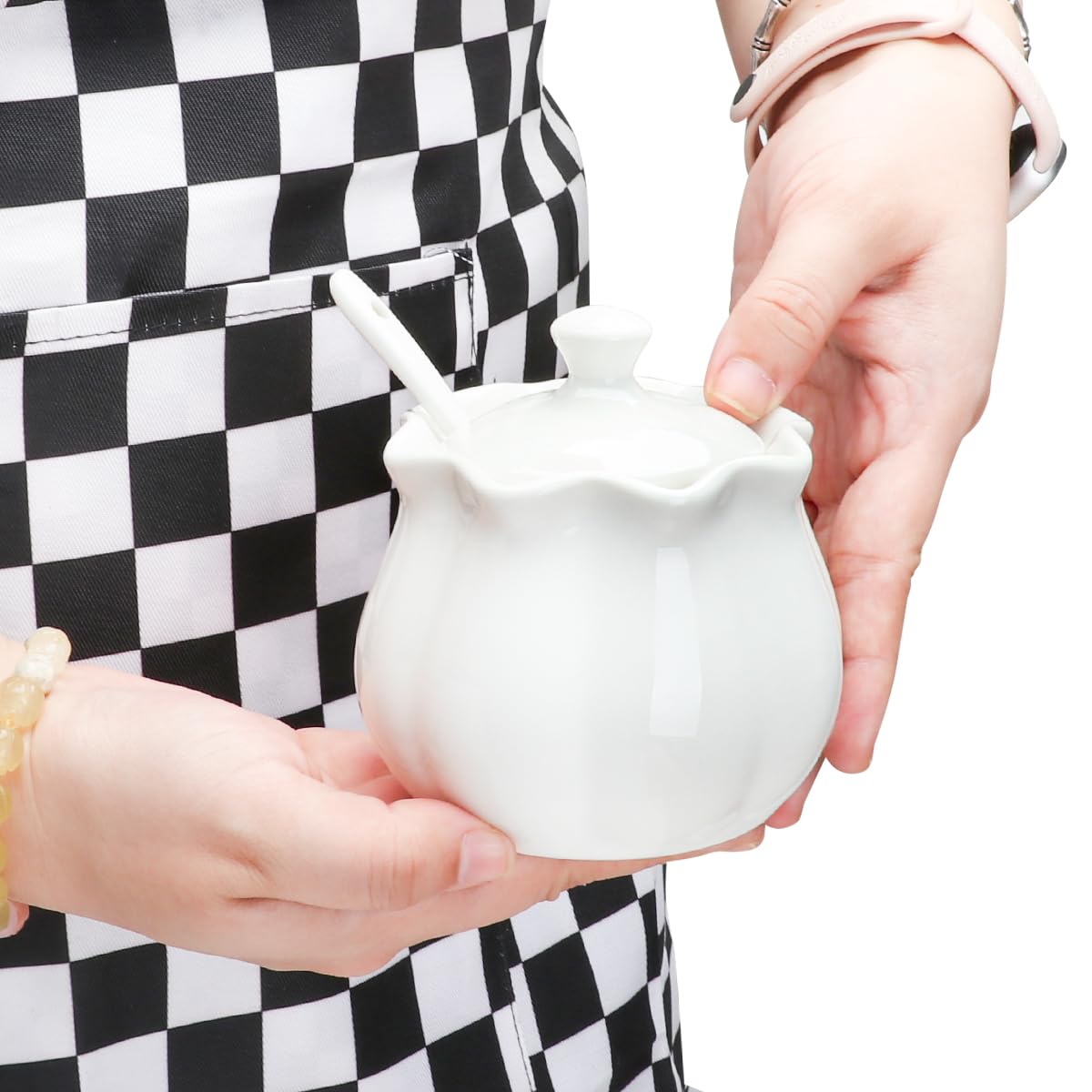 Swetwiny Ceramic Sugar Bowl with Lid and Spoon, Flower-Shaped Porcelain Salt Storage Jar, White Seasoning Container for Home and Kitchen, 9 Ounces