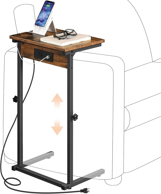 HOOBRO C-Shaped End Table with Charging Station, Adjustable Height Sofa Tray