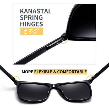 KANASTAL Black Sunglasses Mens Polarised Womens Dark Square Ladies Retro Spring Vintage Driving Fishing Beach Vacation Urban UV400 Protection - Glossy Black