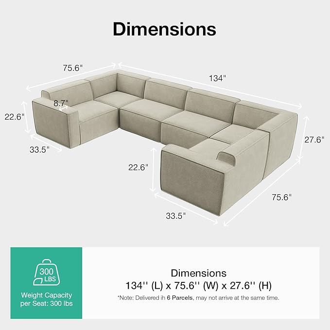 Novilla 134" Modular Sectional Sofa, No Assembly Cloud Sectional Couch