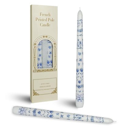 Chinoiserie Printed Taper Candle White with Blue Pastoral Floral Candlesticks 10 Inch Drip Handmade Long Tapered Candles, Set of 2 for Wedding & Home Decor Gifts