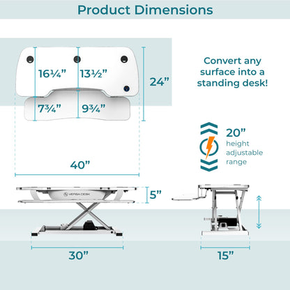 VERSADESK PowerPro 40 Inch Electric Standing Desk Converter – Push-Button Height Adjustable Sit to Stand Desk Riser for Triple Monitors & Laptop – Motorized Desktop Workstation with Wide Keyboard Tray