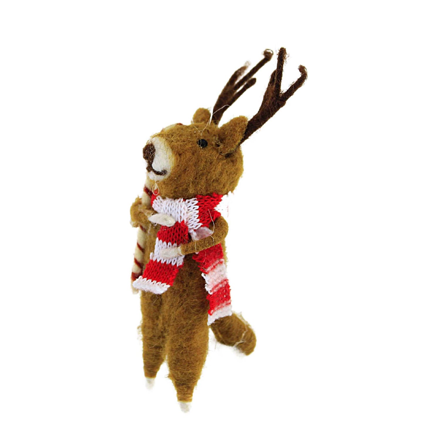 Primitives by Kathy Reindeer & Candy Cane Felt Collectible Critter, 5.5-Inch Handmade Wool Reindeer with Scarf & Candy Cane, Rustic Holiday Tiered Tray, Tablescape & Tree Decor