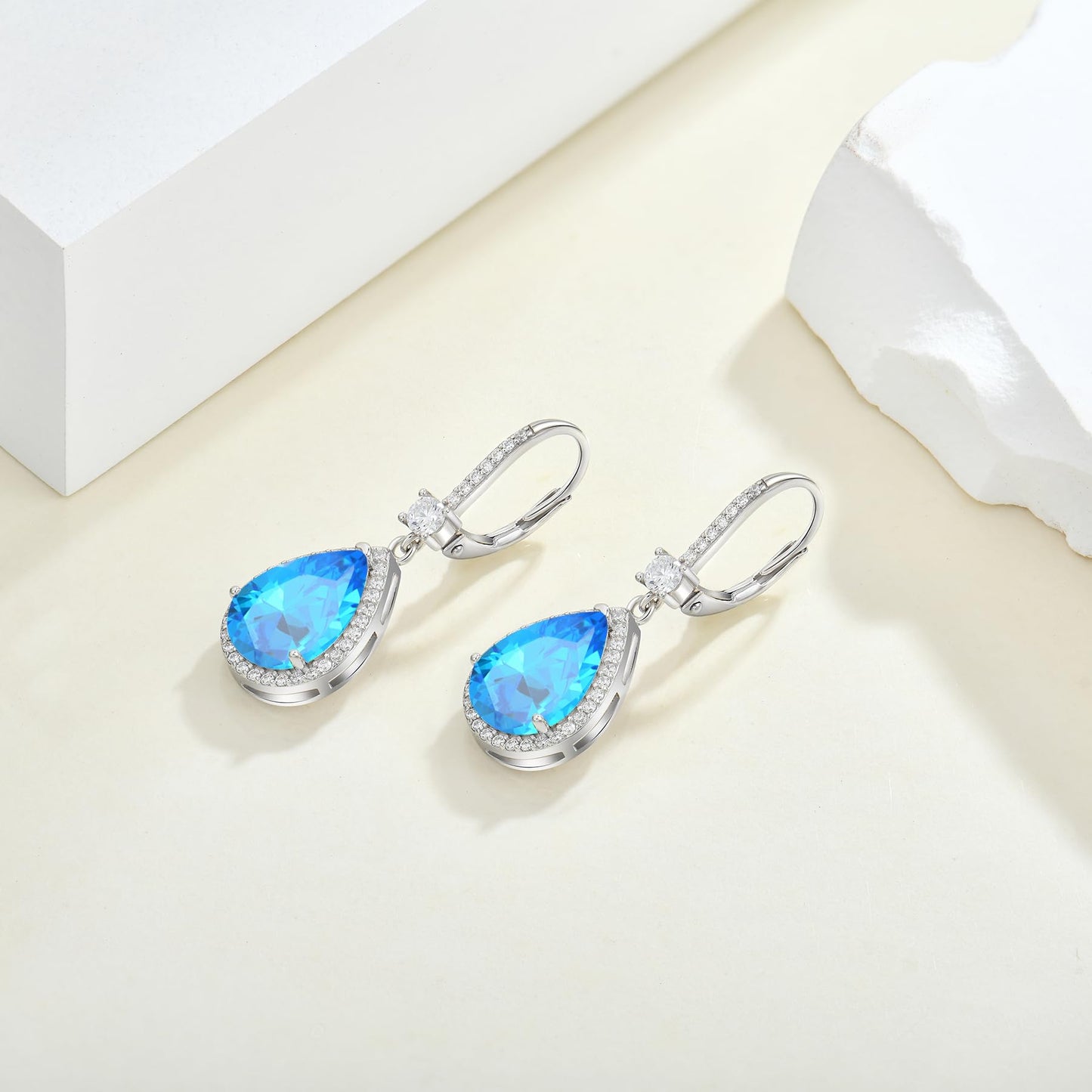 FYNSBLE Dangle Drop Earrings for Women,Sterling Silver Aquamarine Birthstone Leverback Earrings Hypoallergenic Jewelry for Women