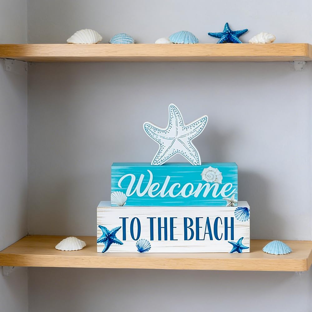 Beach Decorations for Home, MEETYAMOR 3-Layered Starfish Seashell Coastal Wood Block Beach Decor, TO THE BEACH Sign Ocean Decor for the Home, Table, Mantel