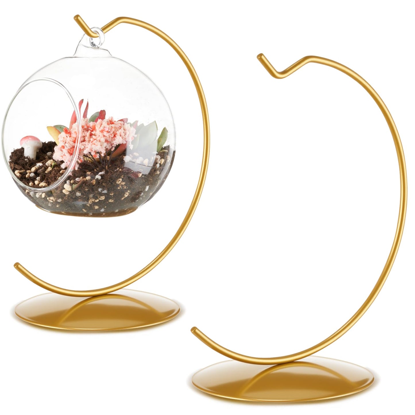 Otoolling 2 Pcs Ornament Display Stand Holder 6 Inch Tall Iron Round Christmas Air Plant Terrariums Holder Hook Crystal Witch Ball Hanging Stand for Glass Ball Christmas Wedding Home Decor (Gold)
