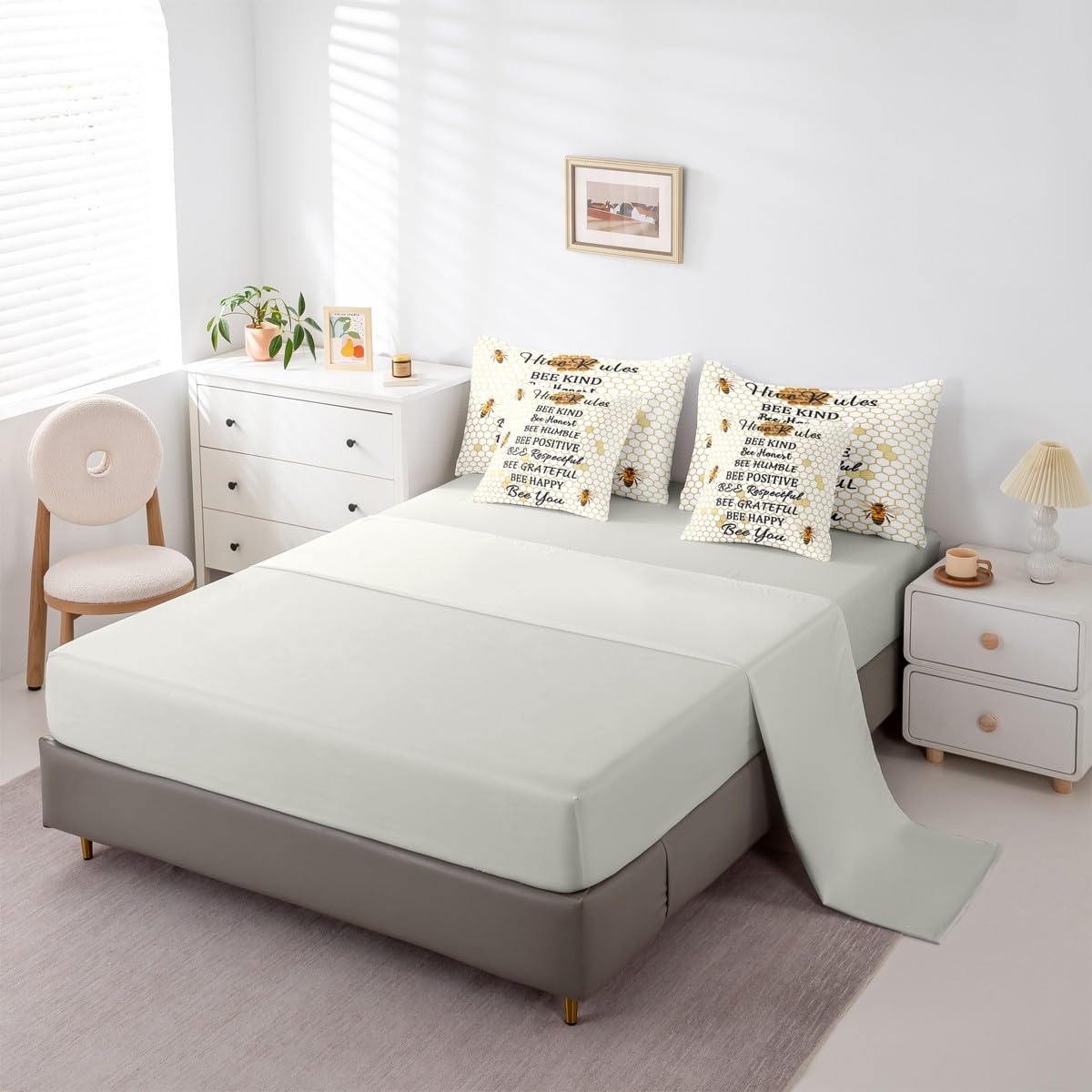 Honeycomb Bed in a Bag Queen Comforter Set 7-Piece | Bee Kind Bee Honest Beehive Bedding Sets Hexagon Geometric Comforter and Sheet Set, Honeybee Bees Funny Hive Rules Room DecorBee Themed Gifts