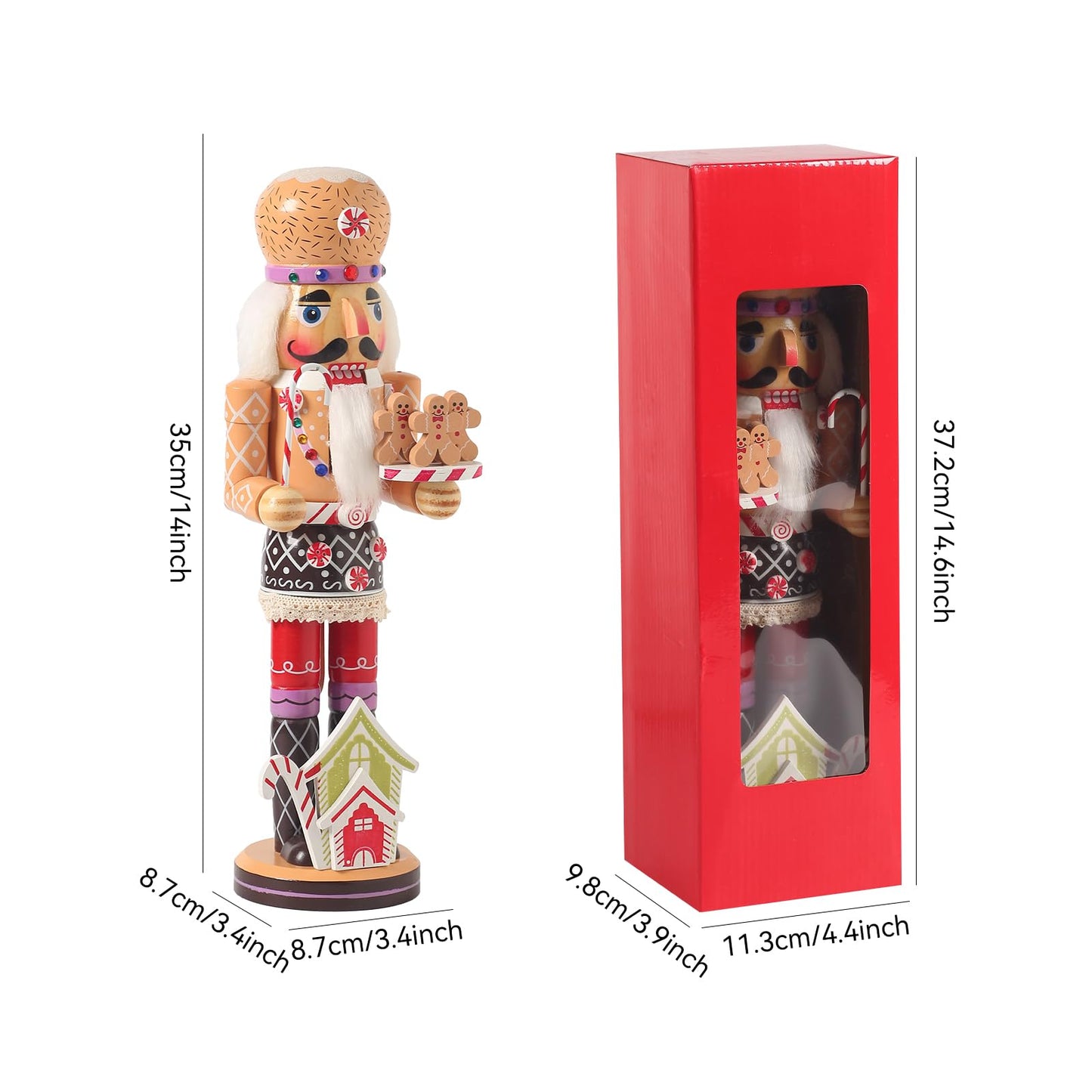 KoolShare 15-Inch Gingerbread Christmas Nutcracker, Wooden Baker Figurine with Cupcake Hat, Tray of Gingerbread Men & Candy House Base, Handcrafted Candy Land Decor for Holiday Mantel or Tabletop