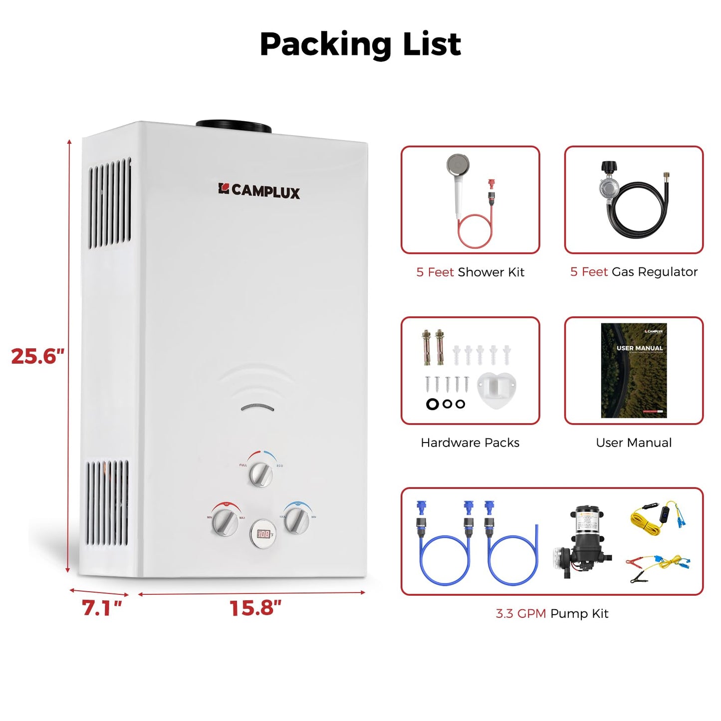 CAMPLUX 4.22GPM Propane Water Heater with 3.3 GPM Water Pump & Pipe Strainer, 110,000BTU Tankless Outdoor Water Heater, BW422P120