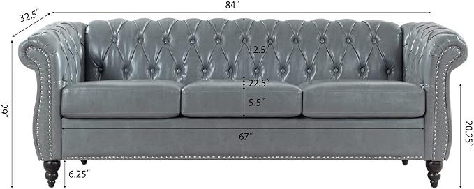 LEVNARY Chesterfield Sofa, Classic Tufted Upholstered Leather Couch, Modern 3