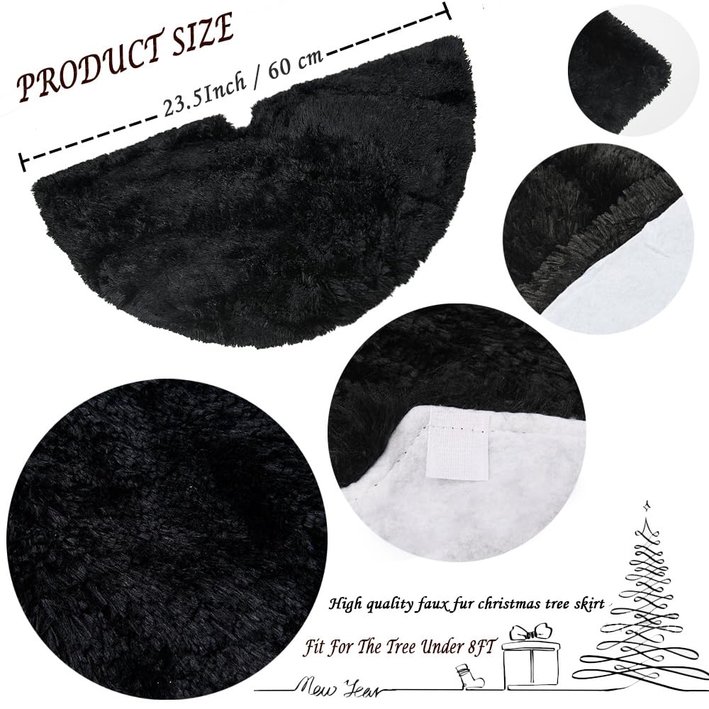 Faux Fur Christmas Tree Skirt,Large Luxury Tree Skirt with Snowflake Sequin, Christmas Decorations Holiday Thick Plush Tree Xmas Ornaments (Black, 24 Inch)