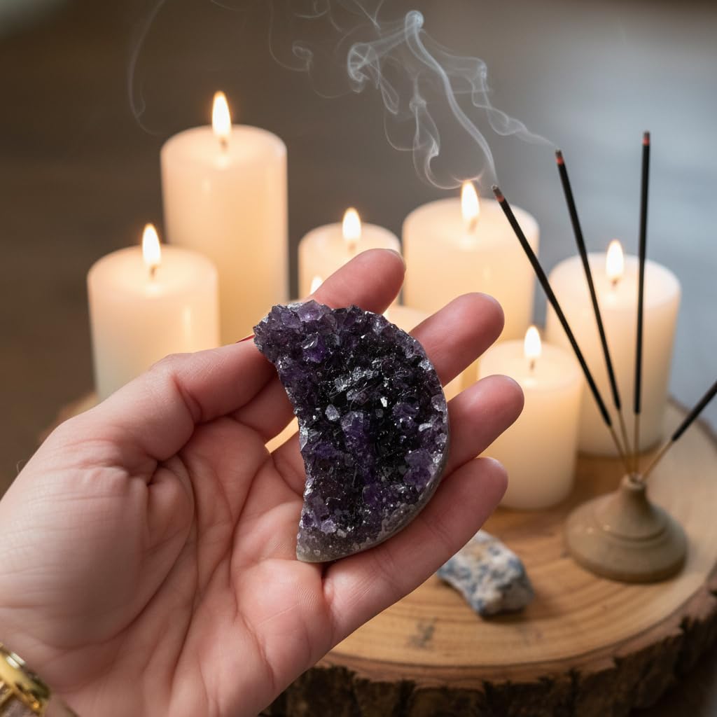 Natural Amethyst from Artigas Uruguay – Hand Carved Crystal in Heart or Moon Shape – Unique Purple Healing Stone – Spiritual Decor & Meaningful Gift (Moon, Big)