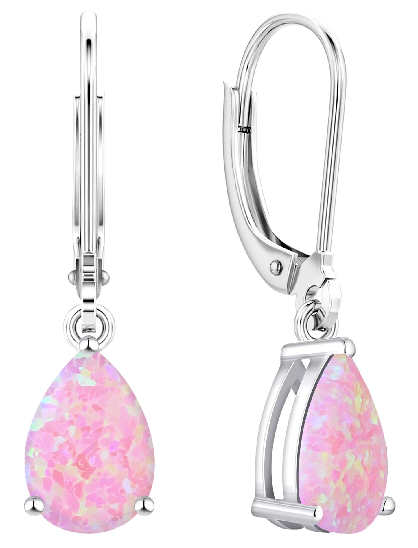 YL 925 Sterling Silver Teardrop Dangle Drop Earrings for Women 7x10 MM Solitaire Pink Created Opal Leverback Jewelry