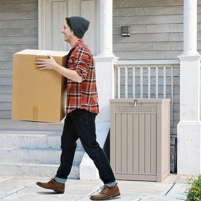 DRATO 48 Gallon Package Delivery Box, Large Lockable Storage Box, Double-Wall Resin Outdoor Package Delivery and Waterproof Deck Box for Porch, Patios（ Grey，48 Gallon）