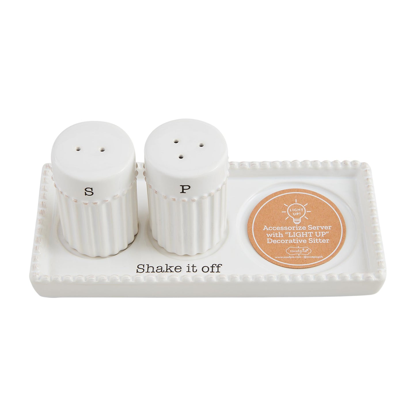 Mud Pie Salt Pepper Accessory Holder; shaker 2 3/4" x 1 3/4" dia | tray 3 1/4" x 6 3/4"
