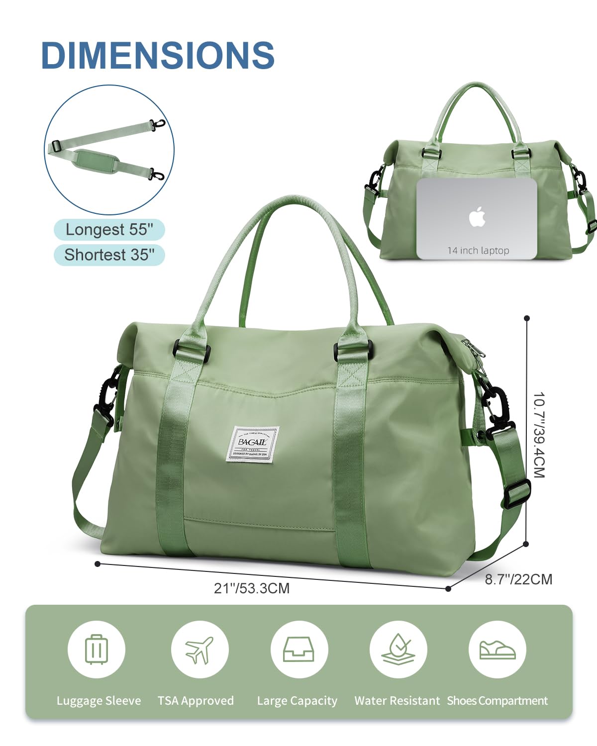 BAGAIL Travel Duffel Bag, Weekender Bags, Overnight Gym Carry On Tote Bag with Wet Pocket, Hospital Mom Bag for Labor and Delivery - Olive Green