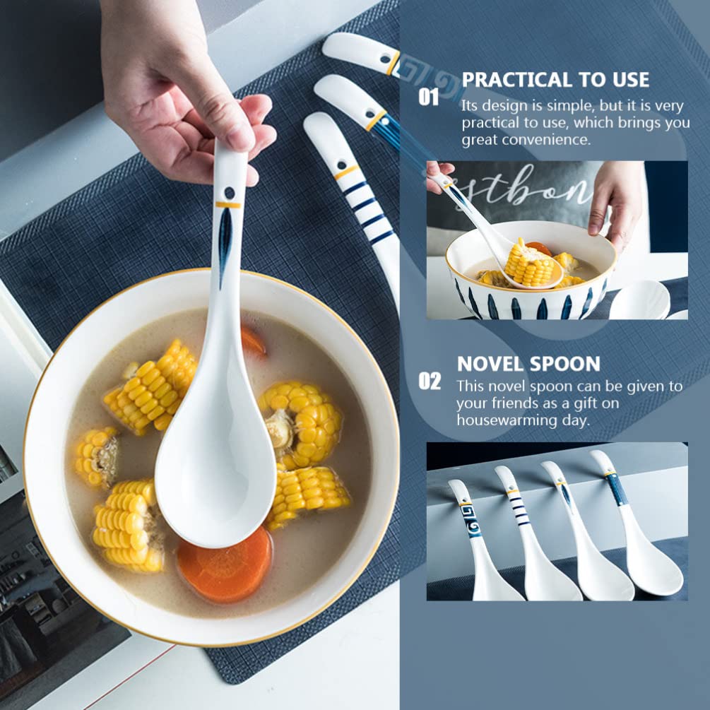 Hemoton Ceramic Soup Spoons with Long Handle 9.05 Inch Set of 2 for Rice Porridge Serving Kitchen Household
