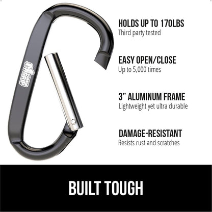 GORILLA GRIP Carabiner Clip, 3" D Ring, Pack of 6 Heavy Duty Aluminum Key Holder Clips Hold 170lbs, Rust, Scratch-Resistant Camping Essentials, Hiking Gear, Tactical Backpacking Keychains, Black