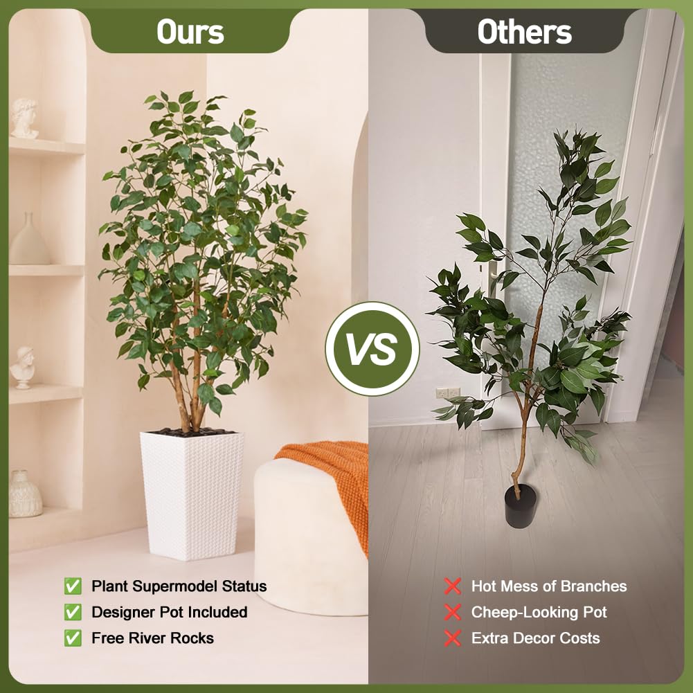 VeriNatural 5ft Artificial Ficus Tree,Tall Faux Tree with Pebbles & Planter UV Resistant Potted Fake Plant with Silk Leaves & Real Wood Trunk,Indoor Outdoor Floor Plant for Home,Living Room,VN129