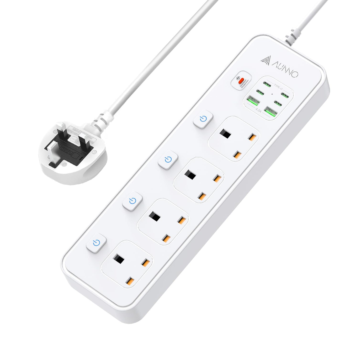 AUNNO Extension Lead with USB Slots, 4 Way Sockets Outlets with 4 USB-C Ports and 2 USB Ports, 1.8M Extension Cable with Switch Surge Protected Power Strips, UK Multi Plug Adapter Electrical Cords