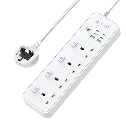 AUNNO Extension Lead with USB Slots, 4 Way Sockets Outlets with 4 USB-C Ports and 2 USB Ports, 1.8M Extension Cable with Switch Surge Protected Power Strips, UK Multi Plug Adapter Electrical Cords