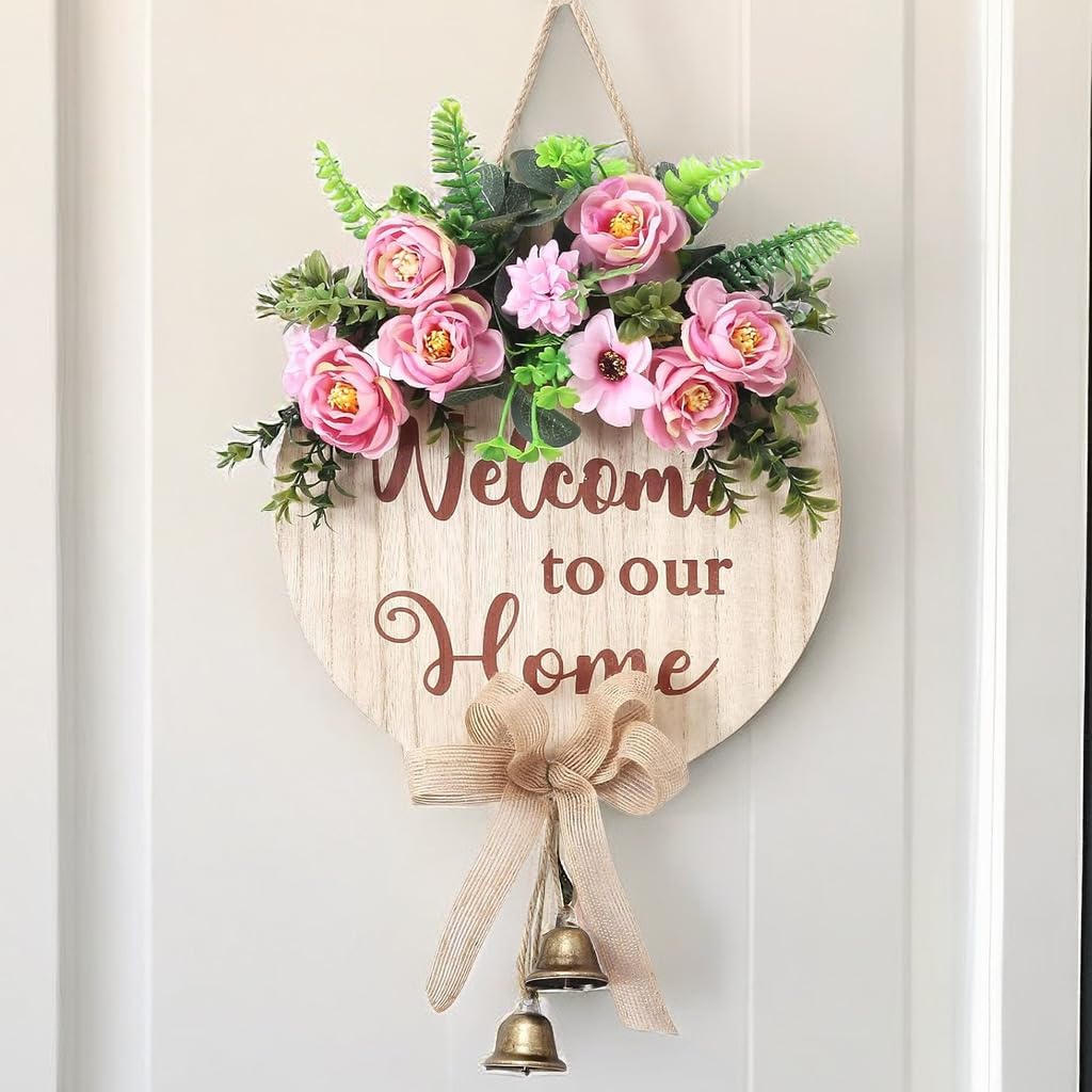 Welcome to Our Home Wreaths, Welcome Front Door Decoration Bell Signs, Farmhouse Indoor Porch Holiday New Year Christmas Decoration Housewarming Gift, 12 inches