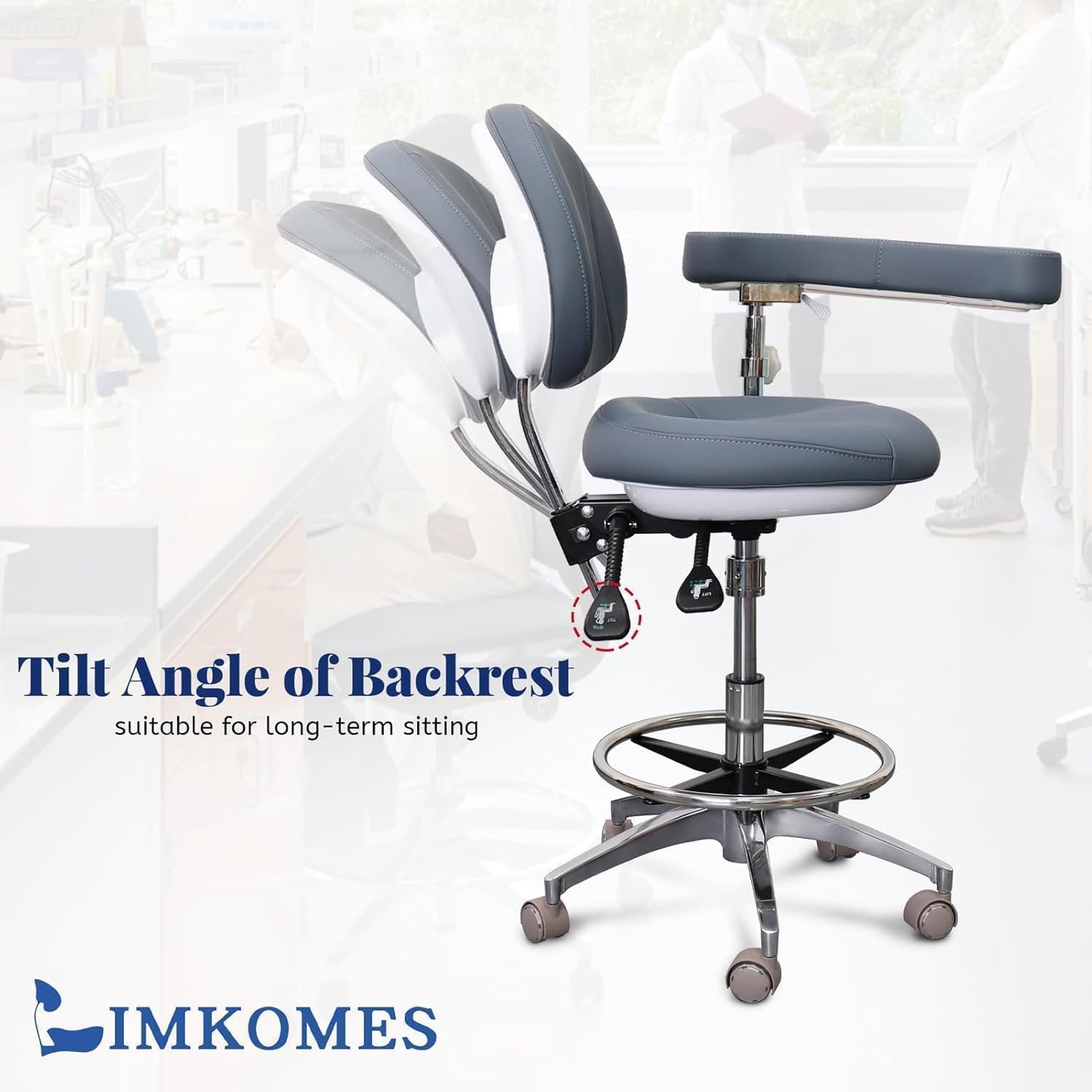 LIMKOMES Medical Dental Assistant Chair with Rotatable Armrest Rolling Medical Chair Ergonomic Swivel Seating Back Support Dentist Stool for Clinics, Dental Offices, Labs-Gray