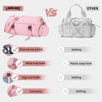 LAIMEIWEE Small Gym Bag for Women Men, 11L Compact Workout Yoga Bag with Wet Pocket and Yoga Mat Holder, Mini Sport Duffle Bags for Dance, Pilates, Ballets, Swimming, Travel (Pink)