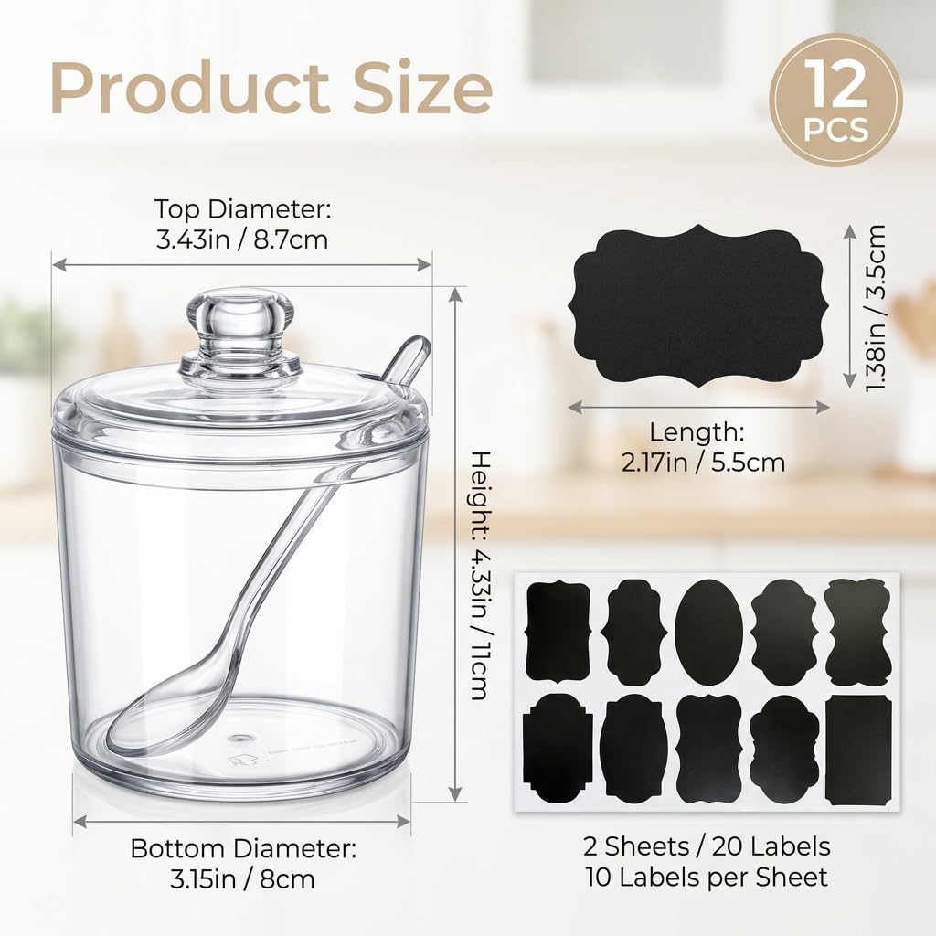 CACASO 12 Pcs Acrylic Sugar Bowls Containers, 11 oz Clear Lid Spoon Condiment Pots, Seasoning Box Storage Jar Coffee Bar Kitchen Spices Salt Tea
