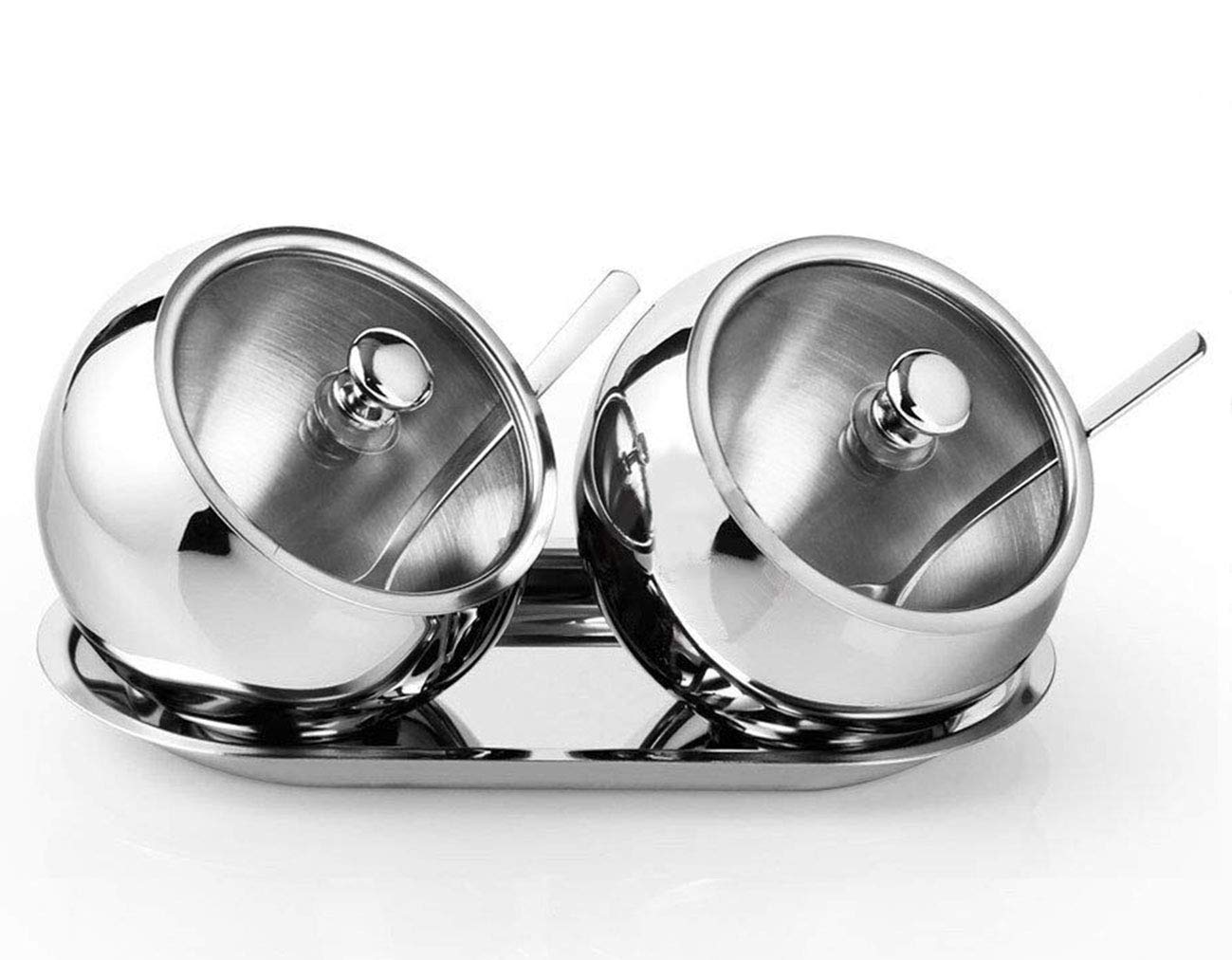KEMIYIXIAN 2 Polished Shiny Stainless Steel Sugar Bowls for Serving Sugar Pepper Salt Spice- 300ml/ 10oz