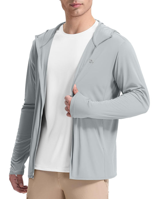 baleaf Men's UPF 50+ Sun Protection Hoodie Full Zip Jacket Lightweight Long Sleeve Cooling Shirts Pockets Hiking Fishing Light Gray M