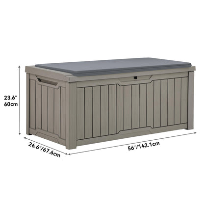 YITAHOME Outdoor Storage Box with Cushion, 120 Gallon Waterproof Deck Box for Garden Tools, Patio Cushions, and Pool Accessories, Lockable, Easy Assembly, Versatile Bench or Table (Light Brown)