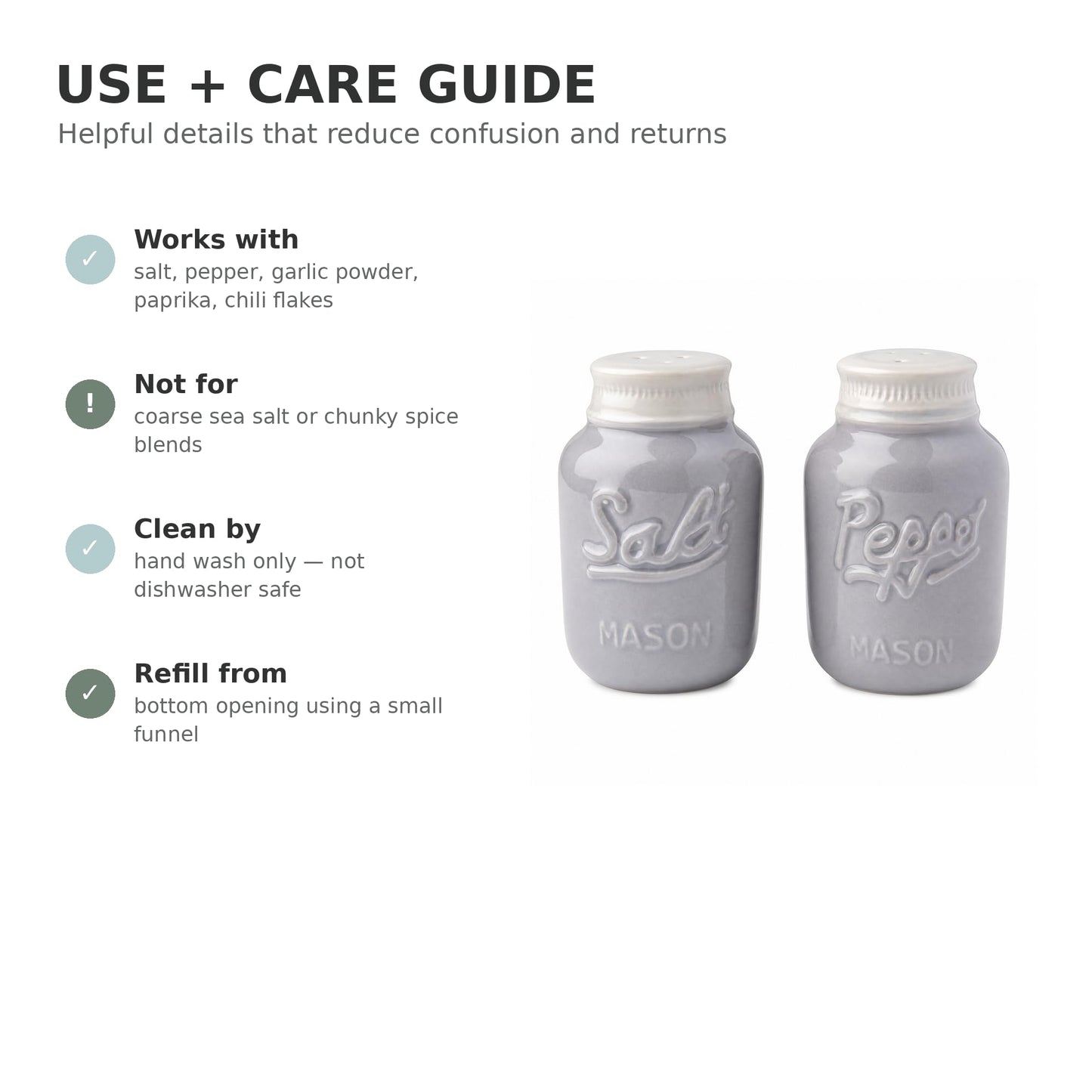 Comfify Grey Mason Jar Salt and Pepper Shakers – 3.5 oz Modern Farmhouse