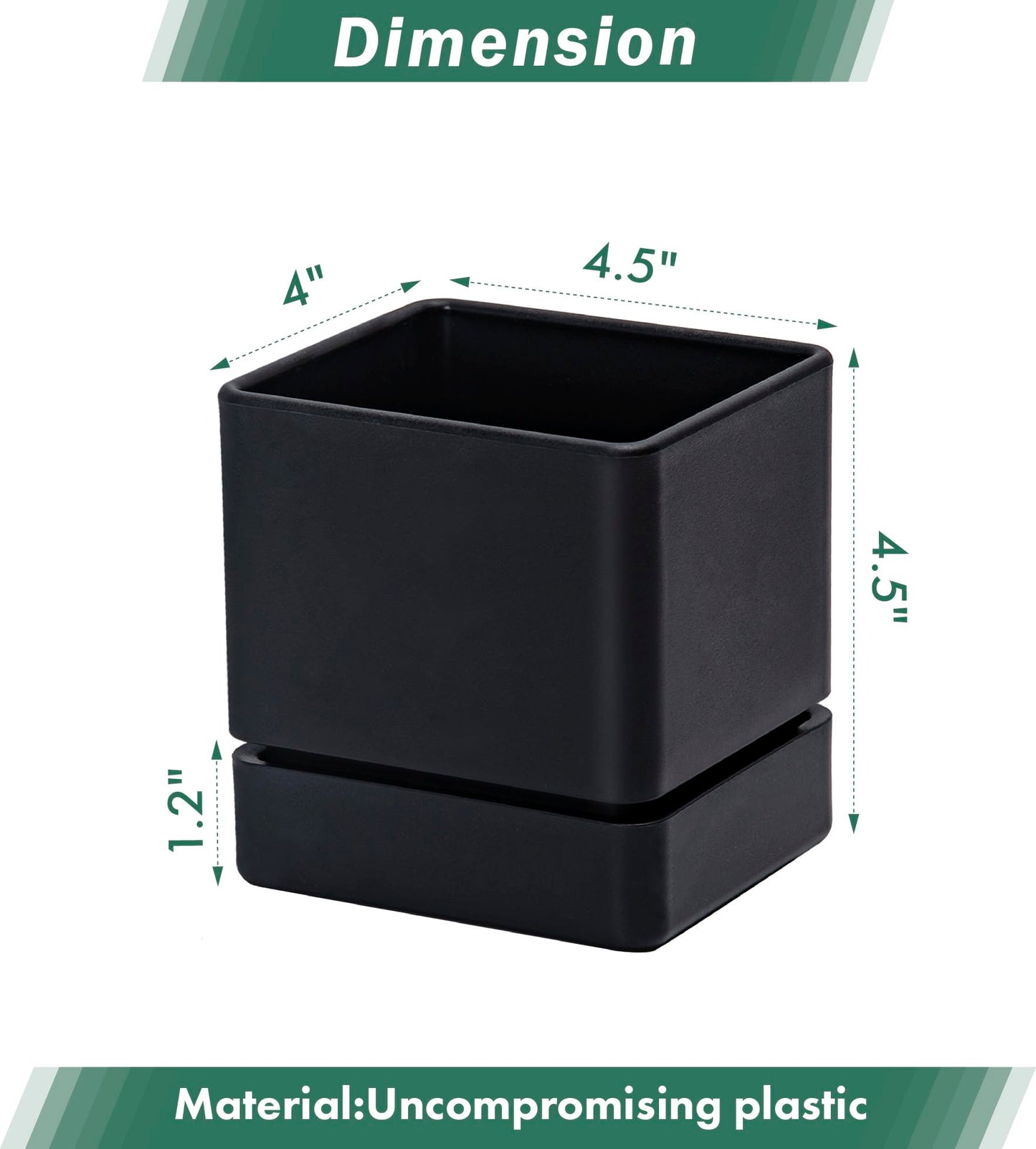 D'vine Dev 4 Inch Herb Planter Pot, Plastic Planter with Drainage Holes and Saucer, Modern Decorative Gardening Pot for Indoor Plants, Flowers, Herbs, Succulents, Black, Set of 4, 76-Y-B4-1