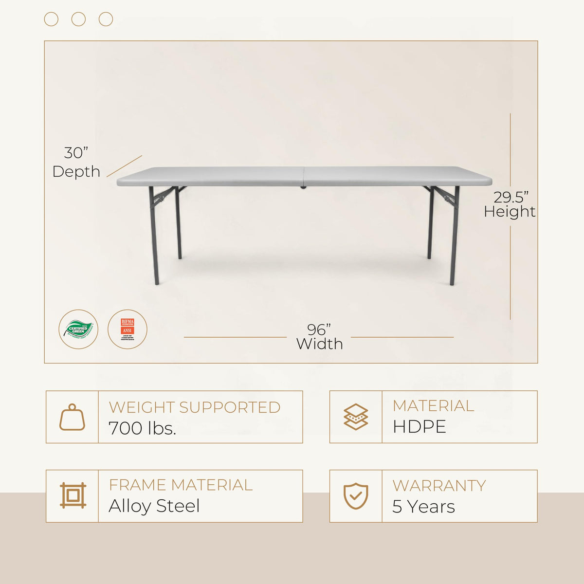 OEF Furnishings OEFCMFIH3096 Rectangular Commercial-Grade Premium Industrial Fold-in-Half Blow-Molded Folding Table with 18-Gauge Steel Frame and Thick Top (Rectangle, 30" × 96", Speckled Gray Top)