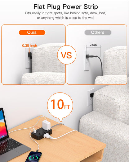 Flat Extension Cord, BESHON 5FT Flat Plug Power Strip with USB C, 6 Outlets 4 USB Port(2 USB C), No Surge Protector, Cruise Ship, Dorm Room Travel Essentials
