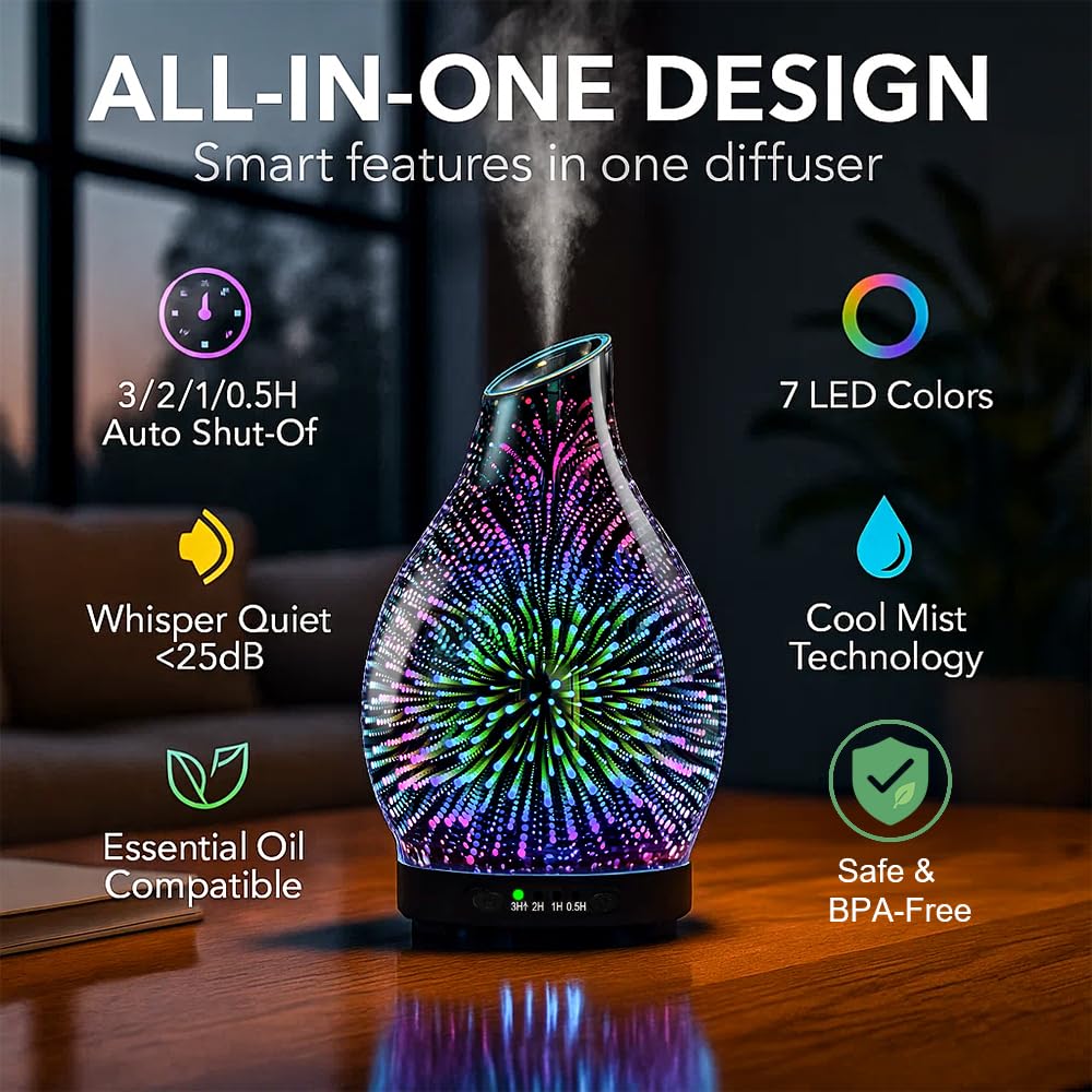 120ML Essential Oil Diffuser, 3D Glass Aromatherapy Diffuser with Auto Shut-Off and 7 Color LED Lights, Ultrasonic Mist Humidifier with 4 Timer for Home Office Bedroom (3D Fireworks)