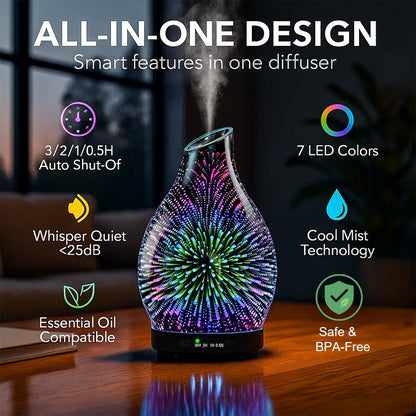 120ML Essential Oil Diffuser, 3D Glass Aromatherapy Diffuser with Auto Shut-Off and 7 Color LED Lights, Ultrasonic Mist Humidifier with 4 Timer for Home Office Bedroom (3D Fireworks)