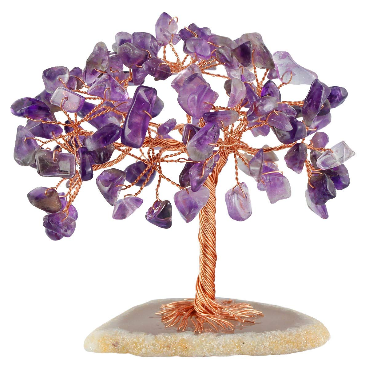 SUNYIK Amethyst Mini Crystal Money Tree on Natural Agate Slab, Handmade Tumble Chip Stone Bonsai Sculpture Figurine Decoration for Wealth and Luck Size 2.5-2.3 Inches